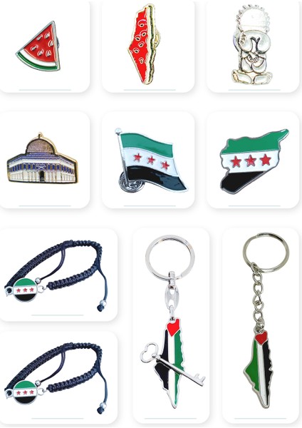 10'lu Suriye ve Filistin Aksesuar Seti Yaka Rozetleri + Anahtarlıkları ve El Bilekliği A300038