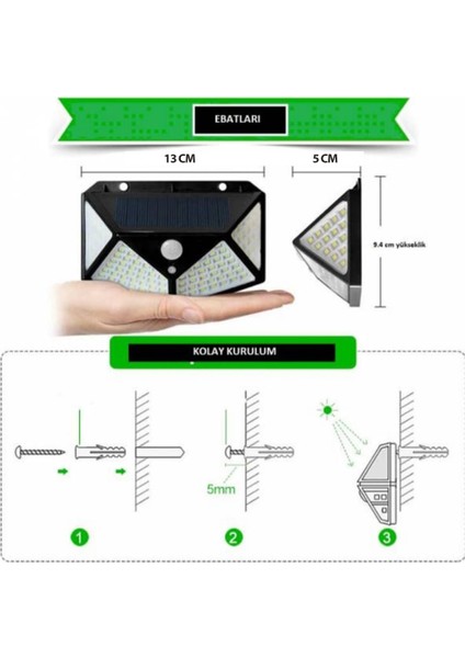 Güneş Enerjili Hareket Sensörlü IP65 Suya Dayanıklı 100 LED Lamba