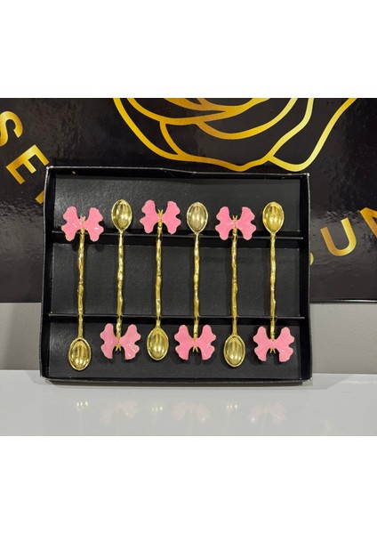 Paslanmaz Çelik Gold Pembe Kelebekli 6 Lı Çay Kahve Kaşığ