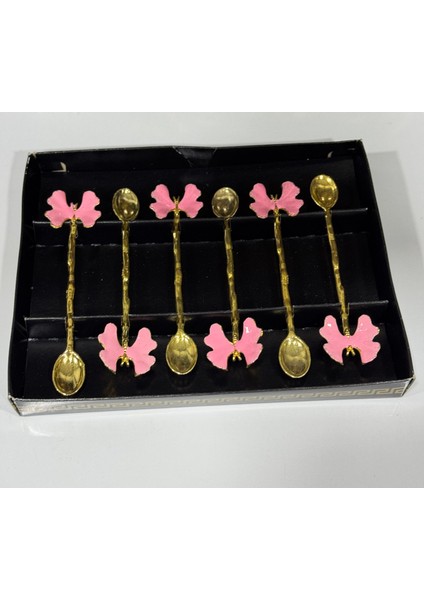 Paslanmaz Çelik Gold Pembe Kelebekli 6 Lı Çay Kahve Kaşığ