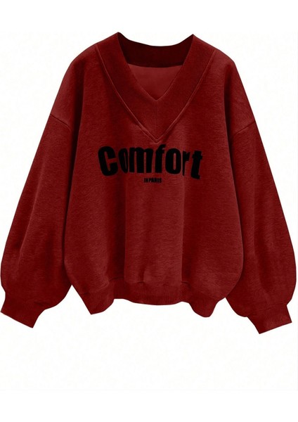 Kadın 3 Iplik Kırmızı Comfort In Paris Baskılı V Yaka Oversize Sweatshirt