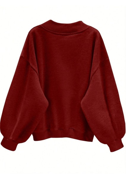 Kadın 3 Iplik Kırmızı Comfort In Paris Baskılı V Yaka Oversize Sweatshirt