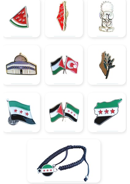 10'lu Suriye ve Filistin Aksesuar Seti Yaka Rozetleri ve El Bilekliği A300037