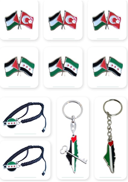 10'lu Suriye ve Filistin Aksesuar Seti Yaka Rozetleri + Anahtarlıkları ve El Bilekliği A300040