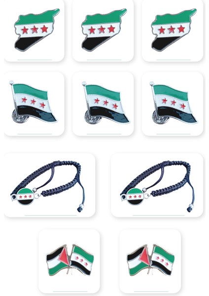 10'lu Suriye Aksesuar Seti Yaka Rozetleri + Anahtarlıkleri ve El Bilekliği A300036