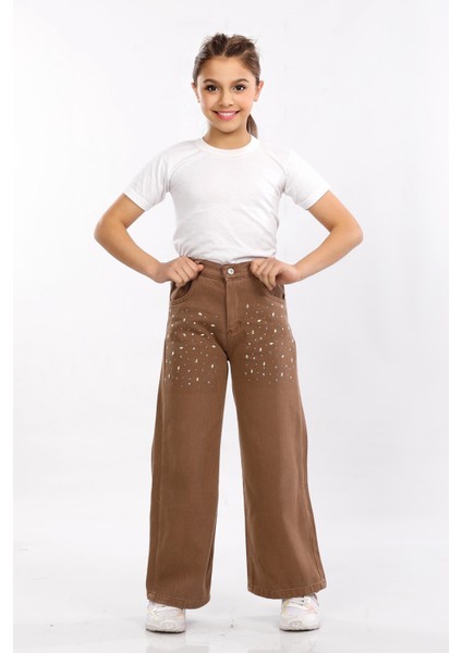 Pamuk-Denim-Jeans-Taşlı-Palazzo-Yarım Lastikli-Kız Çocuk Pantolonu