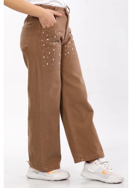 Pamuk-Denim-Jeans-Taşlı-Palazzo-Yarım Lastikli-Kız Çocuk Pantolonu