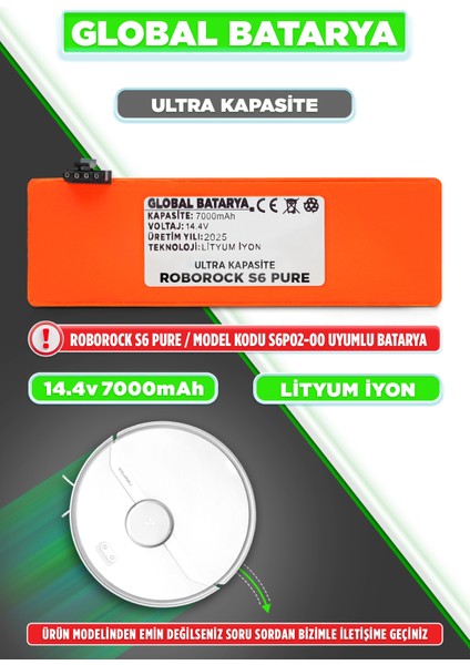 Roborock S6 Pure Uyumlu Akıllı Robot Süpürge Bataryası 14.4V 7000MAH Li-Ion Pil (Ultra Kapasite)