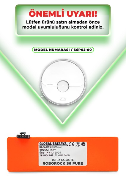 Roborock S6 Pure Uyumlu Akıllı Robot Süpürge Bataryası 14.4V 7000MAH Li-Ion Pil (Ultra Kapasite)
