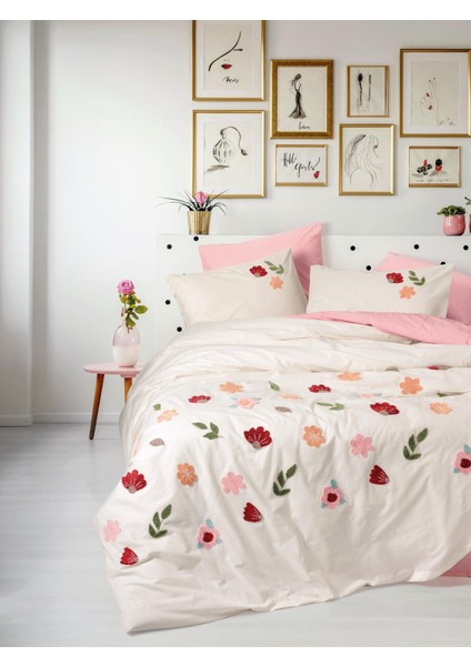 Puff Nakışlı Çift Kişilik Nevresim Takımı Blossom Somon