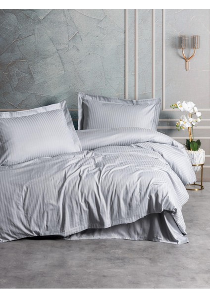 Elegant Stripe Saten Çift Kişilik Nevresim Takımı Gri