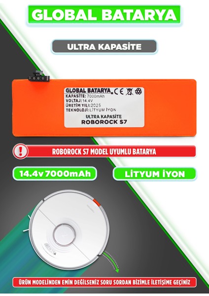Roborock S7 Uyumlu Akıllı Robot Süpürge Bataryası 14.4V 7000MAH Li-Ion Pil (Ultra Kapasite)