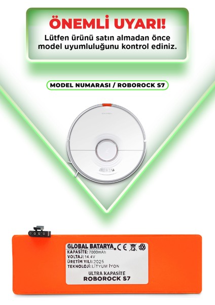 Roborock S7 Uyumlu Akıllı Robot Süpürge Bataryası 14.4V 7000MAH Li-Ion Pil (Ultra Kapasite)