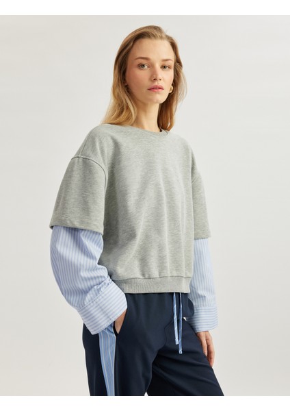 Çift Katman Detaylı Manşetli Uzun Kollu Bisiklet Yaka Çizgili Sweatshirt