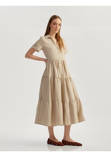 Katlı Volanlı Kısa Kollu Düğmeli Uzun Gömlek Elbise fiyatları