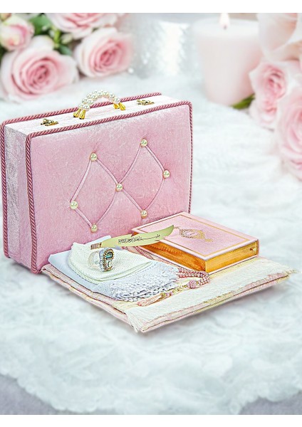 Sandıklı Çeyizlik Seccade Seti Damat Gelin Bohçasına Uygun Hediyelik Şal Kuranı Kerim Seti Pembe
