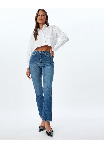 Düz Kısa Paça Kot Pantolon Standart Bel Düğmeli Cepli Pamuklu - Slim Straight Fit Jean