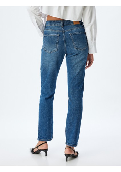 Düz Kısa Paça Kot Pantolon Standart Bel Düğmeli Cepli Pamuklu - Slim Straight Fit Jean fırsatları