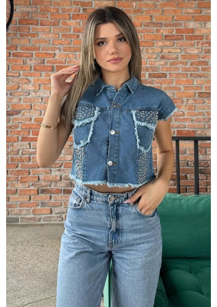 Kadın Püsküllü Zımba Detaylı Kot Jean Yelek