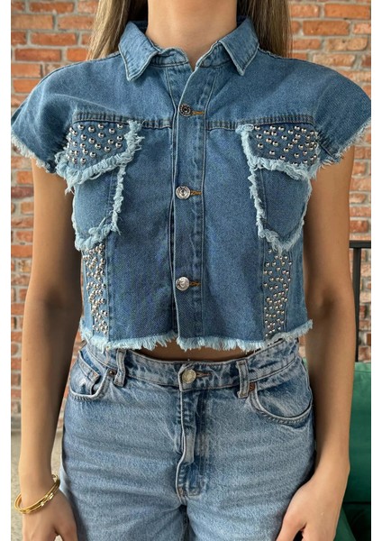 Kadın Püsküllü Zımba Detaylı Kot Jean Yelek modelleri