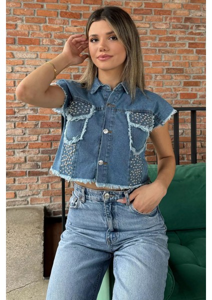 Kadın Püsküllü Zımba Detaylı Kot Jean Yelek