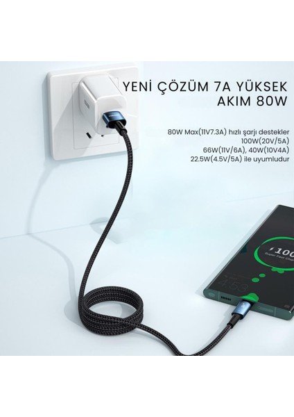 2 Metre 80W 7A USB To Type-C Süper Hızlı Data Şarj Kablosu Ultra Dayanıklı Şarj ve Data Kablosu