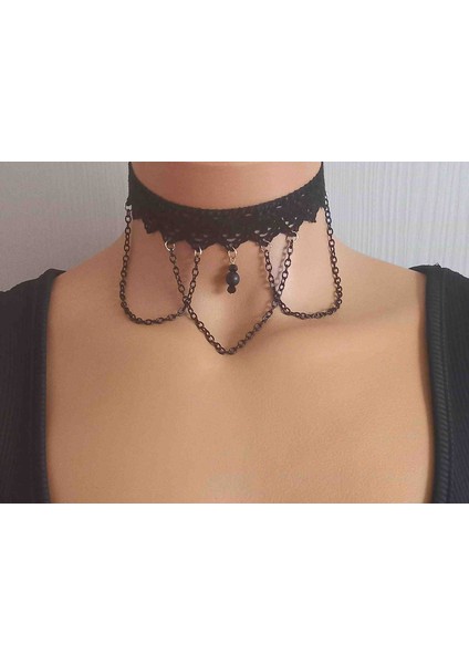 Siyah Dantel Zincirli Gotik Tasma Choker Kolye