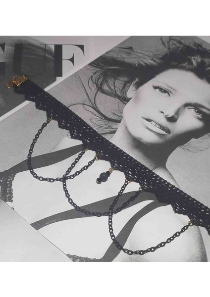 Siyah Dantel Zincirli Gotik Tasma Choker Kolye