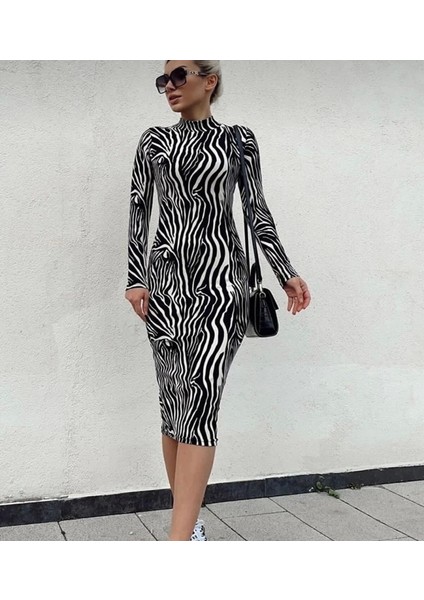Kadın Zebra Desen Süet Kumaş Fırsat Ürün Midi Boy Elbise