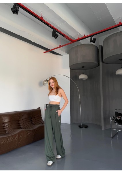 7003 Oys Haki Çıtçıtlı Oysh Kumaş Bel Lastikli Palazzo Eşofman