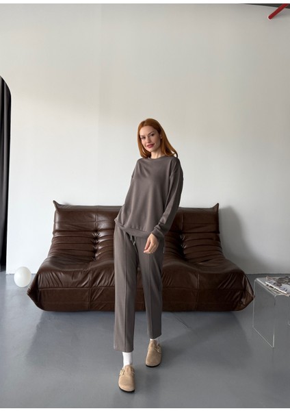 TKM-1105 Antrasit Oysh Kumaş Salaş Bluz Çimalı Havuç Pantolon Ikili Takım