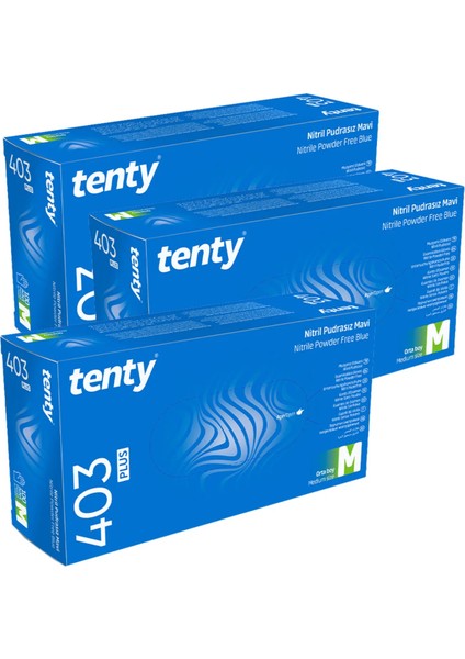 403 Plus Medium (M) Nitril Pudrasız Mavi Hijyenik Eldiven 100'lü 3 Paket