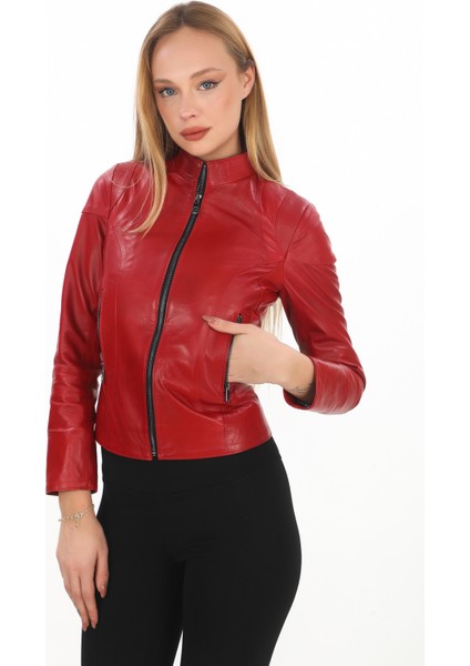 Kadın Fermuarlı Kısa Model Hakiki Deri Mont - 07