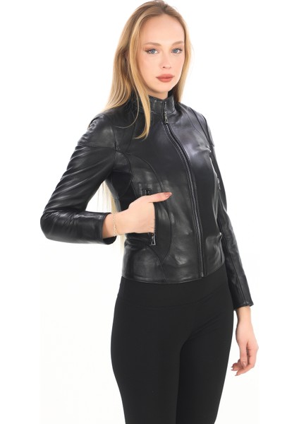 Kadın Fermuarlı Kısa Model Hakiki Deri Mont - 07
