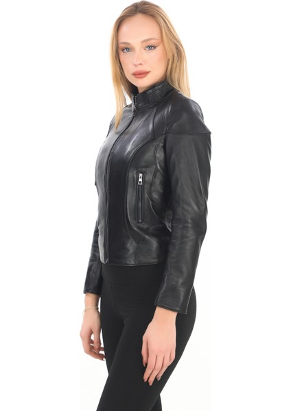 Kadın Fermuarlı Kısa Model Hakiki Deri Mont - 07