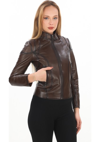 Kadın Fermuarlı Kısa Model Hakiki Deri Mont - 07
