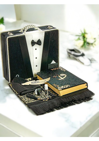Sandıklı Damat Bohçasına Uygun Kuranı Kerim Dini Hediyelik Çeyizlik Seccade Seti Siyah