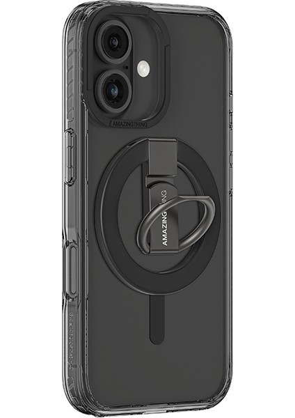 iPhone 16 Plus Kılıf Magsafe Şarj Özellikli Yüzük Standlı Amazingthing Titan Pro Serisi Kapak Siyah