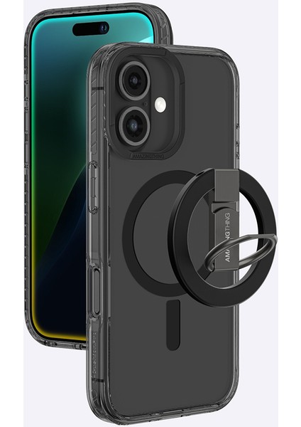 iPhone 16 Plus Kılıf Magsafe Şarj Özellikli Yüzük Standlı Amazingthing Titan Pro Serisi Kapak Siyah