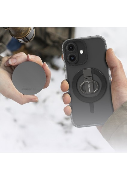 iPhone 16 Plus Kılıf Magsafe Şarj Özellikli Yüzük Standlı Amazingthing Titan Pro Serisi Kapak Siyah
