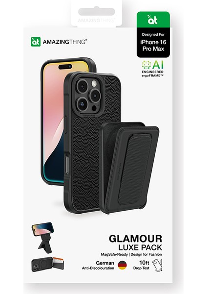iPhone 16 Pro Max Kılıf Magsafe Özellikli Standlı Kartlıklı Set Amazingthing Glamour Luxe Seri Siyah