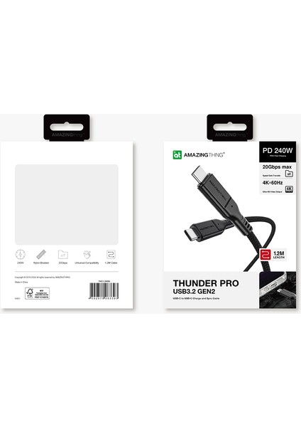Type-C To Type-C Kablo Amazingthing Thunder Pro Usb3.2 Gen2 Pd3.1 120CM 240W 4K@60Hz Siyah