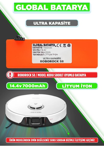 Roborock S8 Uyumlu Akıllı Robot Süpürge Bataryası 14.4V 7000MAH Li-Ion Pil (Ultra Kapasite)