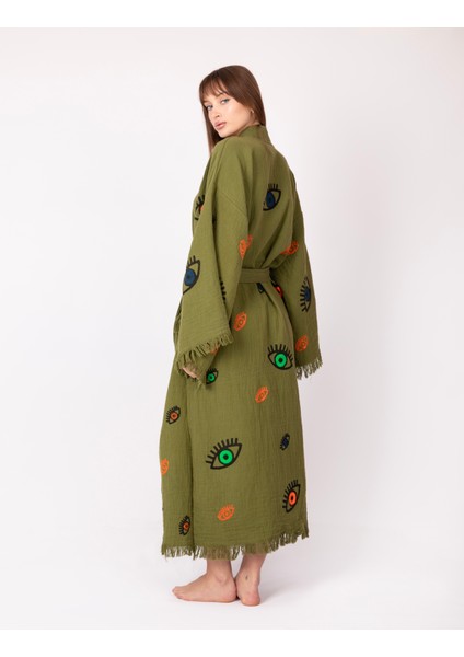 Bornoz ,plaj Kıyafeti,kimono , Kaftan ,sabahlık Haki Kumaş Nazar Göz Detaylı
