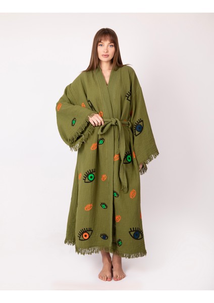 Bornoz ,plaj Kıyafeti,kimono , Kaftan ,sabahlık Haki Kumaş Nazar Göz Detaylı
