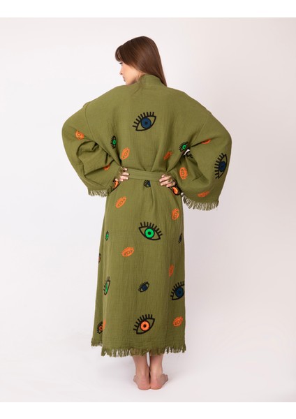 Bornoz ,plaj Kıyafeti,kimono , Kaftan ,sabahlık Haki Kumaş Nazar Göz Detaylı