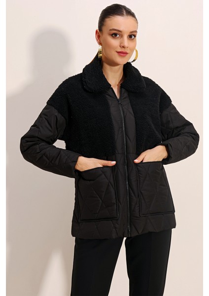 5182 Peluş Detaylı Oversize Şişme Mont - Siyah modelleri