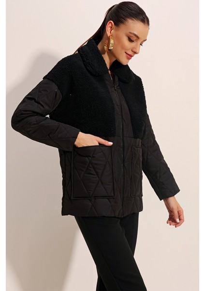 5182 Peluş Detaylı Oversize Şişme Mont - Siyah fırsatları