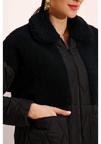 5182 Peluş Detaylı Oversize Şişme Mont - Siyah indirimleri