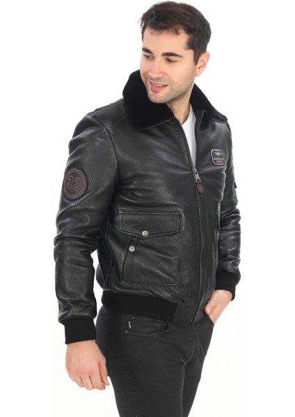 Erkek Yakası Hakiki Kürklü Pilot Model Jumbo Hakiki Deri Mont